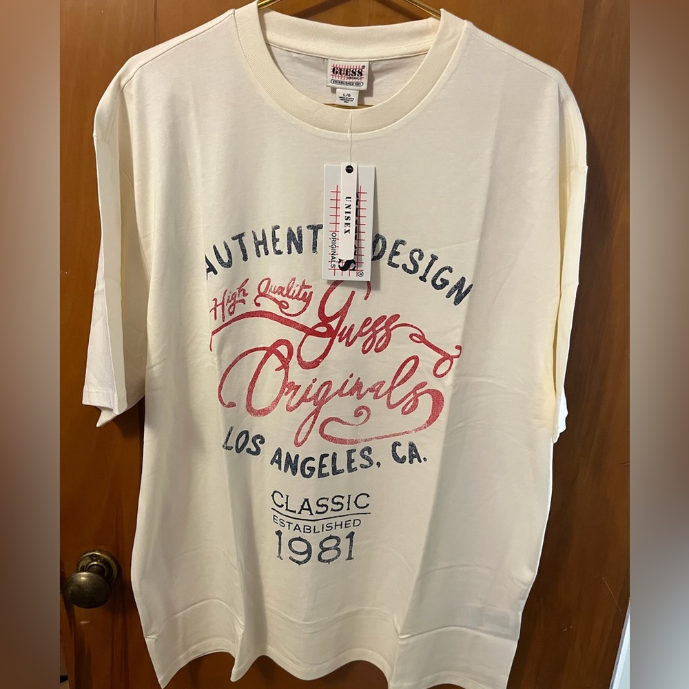 NWT Guess Originals, Authentic Design LA- Cream Tee with Red and Blue- Unisex L